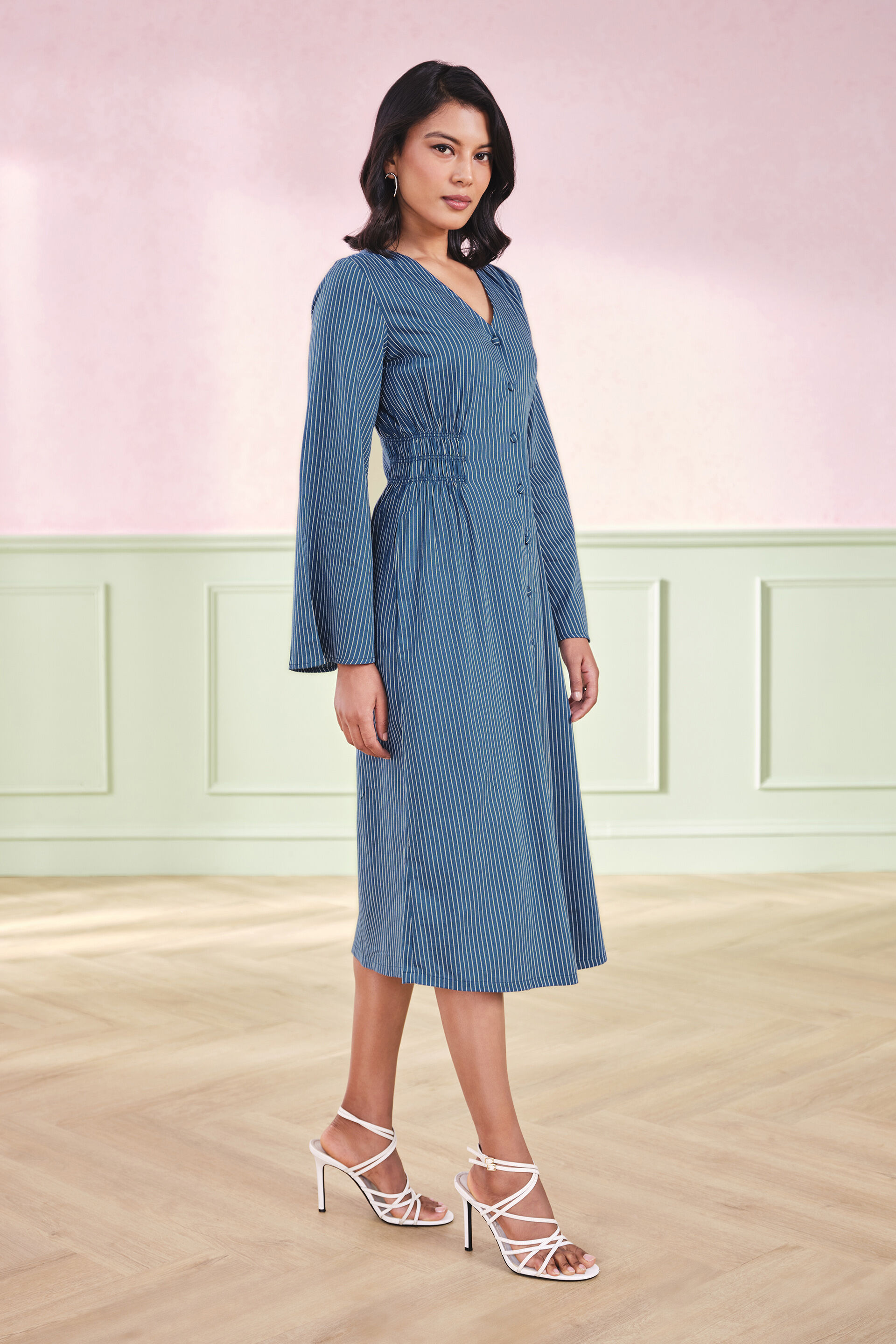 Chambray Charm Cotton Blend Dress, Blue, image 3